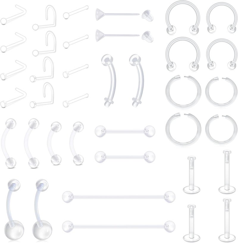 FECTAS 20-38PCS Clear Piercing Jewelry Bioflex Plastic Earrings Nose Rings Studs Septum Belly Cartilage Helix Industrial Nipple Tongue Lip Labret Eyebrow Piercing Retainers for Surgery Work Sports - Image 1